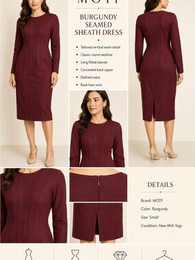 MOTF Burgundy Long-Sleeve Seamed Sheath Dress